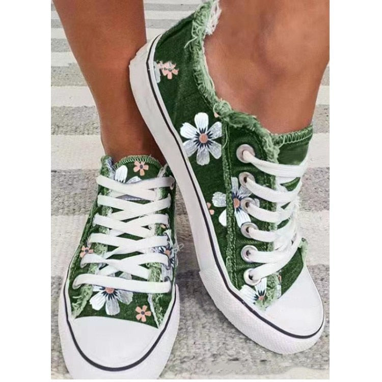 Blooming Blossoms Canvas Flats - Retro Floral Print Lace-up Sneakers