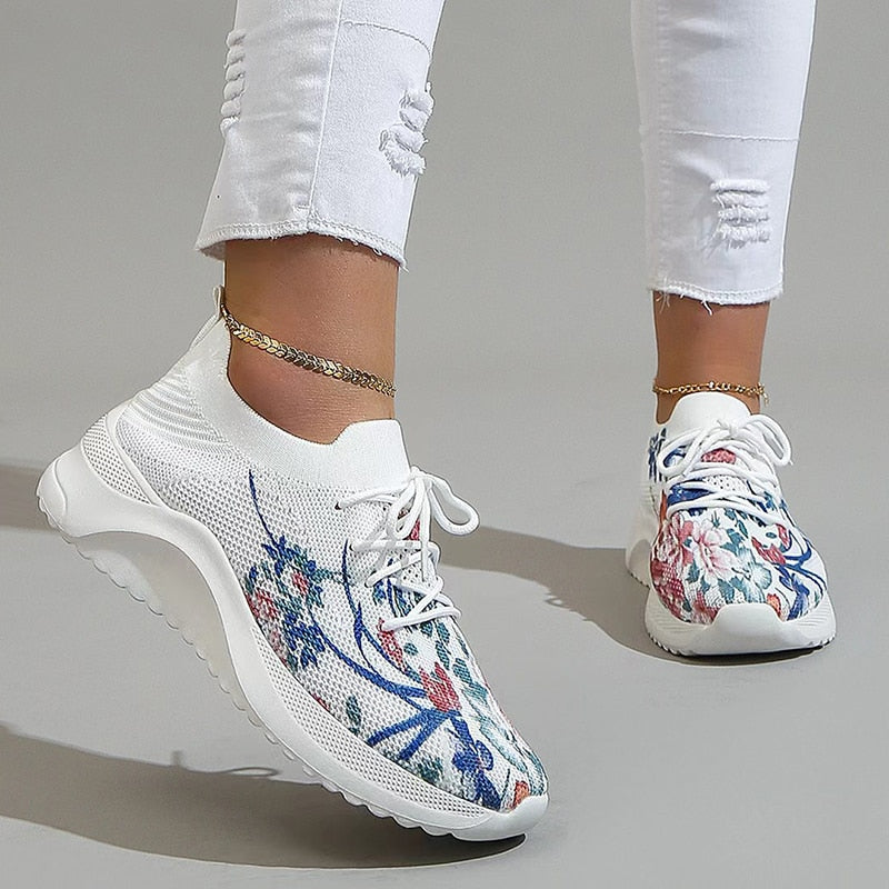 FlowerVibe Canvas Sneakers - Dames Ademende Sneakers met Retro Print